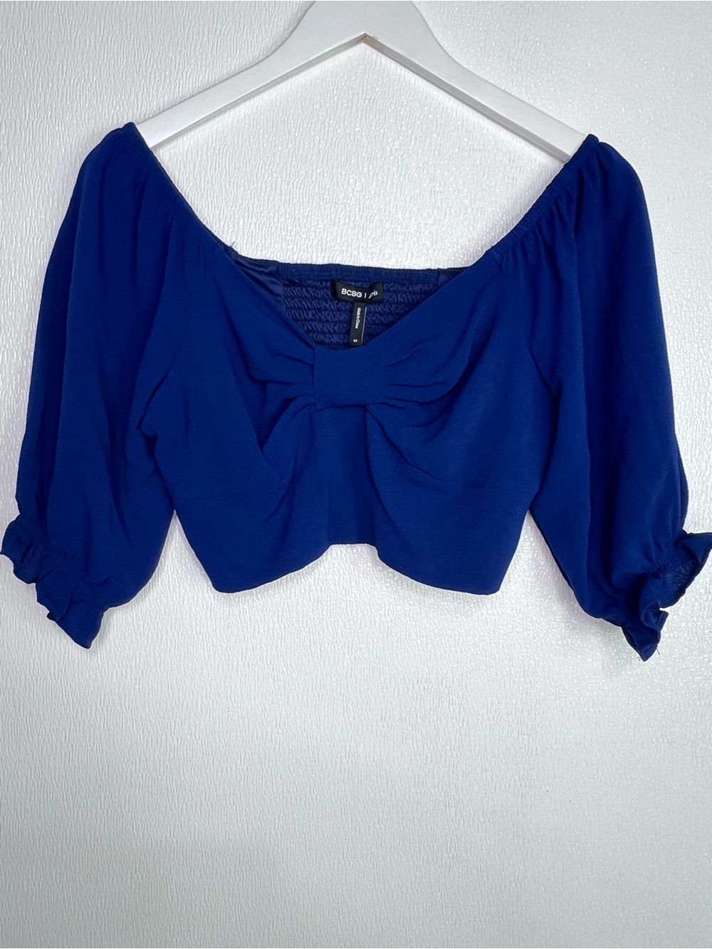 BCBG Navy Blue Cropped Top Smocked Back Size XS